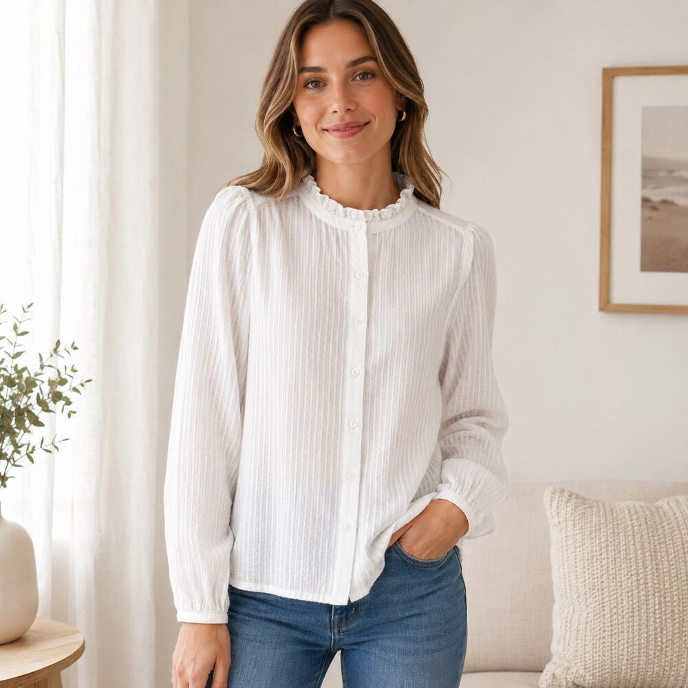 LOFT Outlet Blouse Womens M White Textured Cotton Button Front Ruffle Neck Top